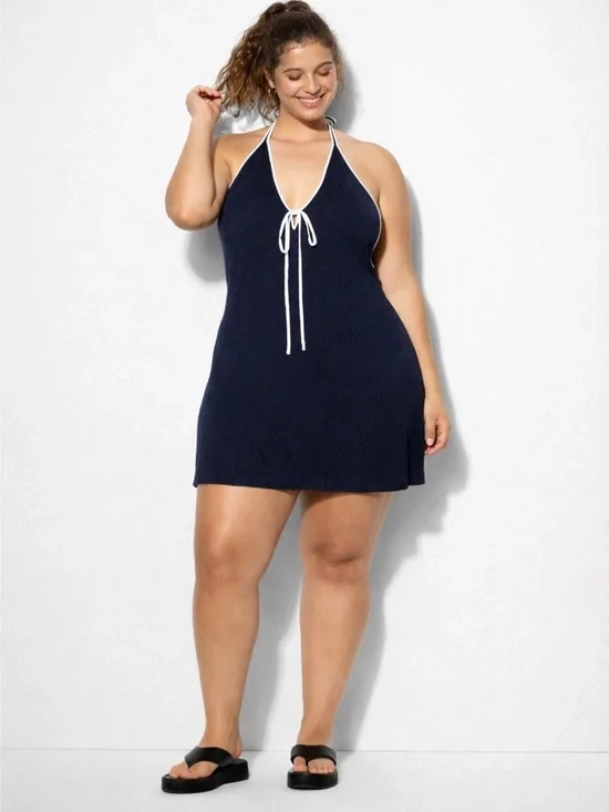 Plus Size Navy Halter Sweater Dress with Contrast Tie - Picture 1 of 2